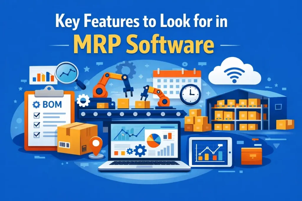 Key features to look for in MRP software including inventory management, production planning, and demand forecasting.