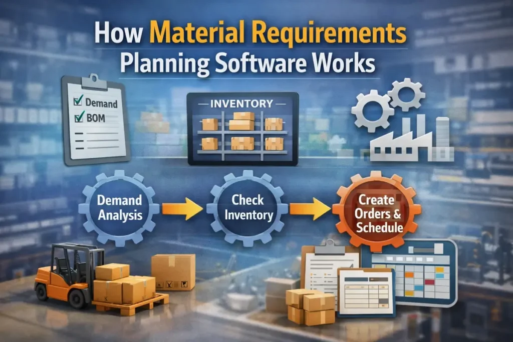 This image explaining how Material Requirements Planning (MRP) software works, showing inventory management, production scheduling, and material planning process.
